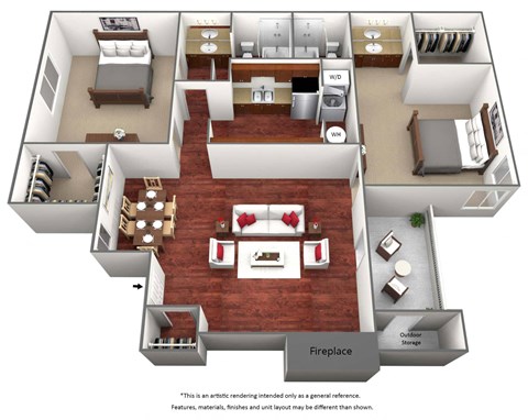 Floor plan for 2 beds, 2 baths, 974 sqft